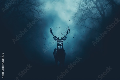 Red deer stag in the winter forest. Noble deer male. Banner with beautiful animal in the nature habitat. Wildlife scene from the wild nature landscape. Dark blue Christmas background
