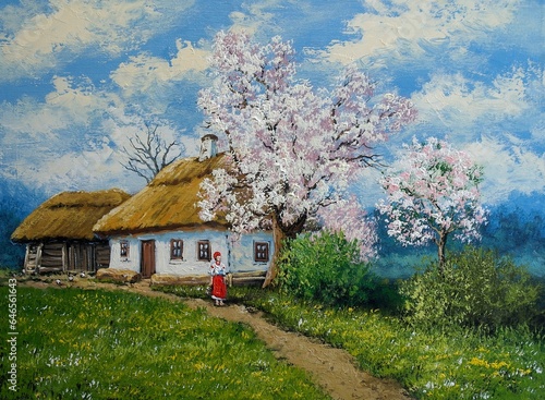 Oil paintings landscape. Old village, spring. Fine art.