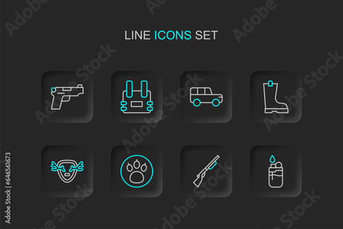 Set line Lighter, Hunting gun, Paw search, Deer antlers on shield, Waterproof rubber boot, Safari car, Bulletproof vest and Pistol or icon. Vector © Iryna