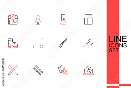 Set line Tourist tent, Paw search, Hunting cartridge belt, Burning match with fire, Wooden axe, gun, Trap hunting and Hunter boots icon. Vector