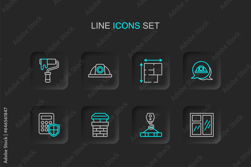 Set line Window in room, Crane hook, Chimney, Security keypad access panel, Worker safety helmet, House plan, and Paint roller brush icon. Vector Set line Window in room, Crane hook, Chimney, Security keypad access panel, Worker safety helmet, House plan, and Paint roller brush icon. Vector