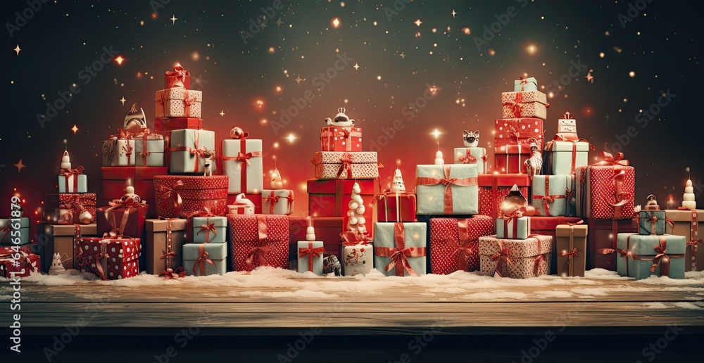 Christmas presents on red table background - obrazy, fototapety, plakaty 