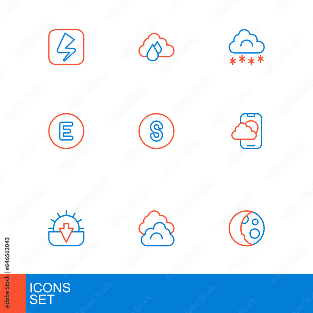 Set line Moon phases, Cloud, Sunset, Weather forecast app, Compass west, south, with snow and rain icon. Vector Set line Moon phases, Cloud, Sunset, Weather forecast app, Compass west, south, with snow and rain icon. Vector