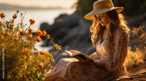 A woman engrossed in reading a book by the sea.