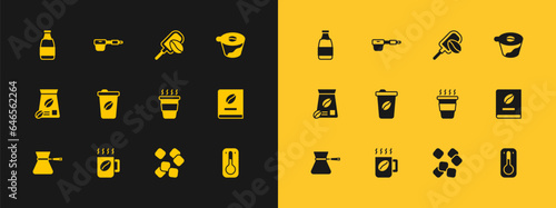 Set Pour over coffee maker, Coffee cup, to go, Sugar cubes, Spatula with grain, Milk bottle and filter holder icon. Vector