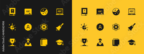 Set Laptop, Graduate and graduation cap, Atom, File document, Exam sheet with plus grade, Pie chart infographic, Book mathematics and Chalkboard icon. Vector