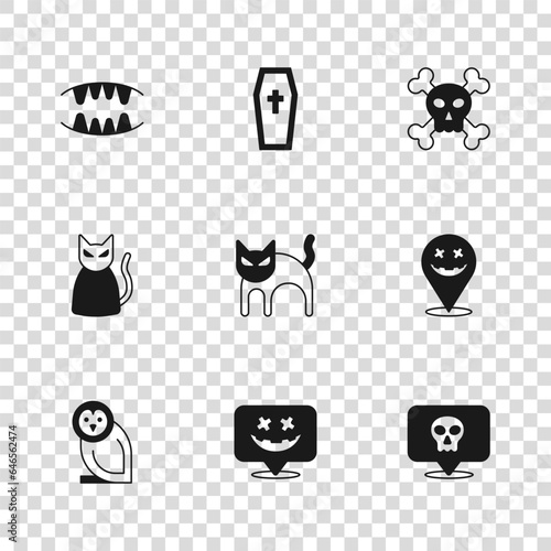 Set Happy Halloween holiday  Skull  Black cat  on crossbones  Vampire teeth  Coffin with christian and icon. Vector