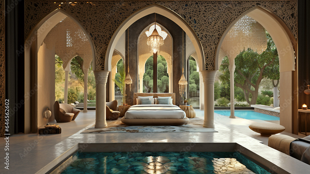 Bed in a moroccan inspired luxury villa with blue pools, carved ornaments and marble floors