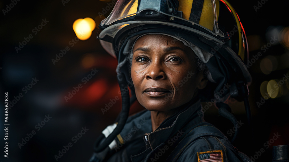 Middle-aged female African American firefighter chief at a fire incident - generative AI. Middle-aged female African American firefighter chief at a fire incident - generative AI.