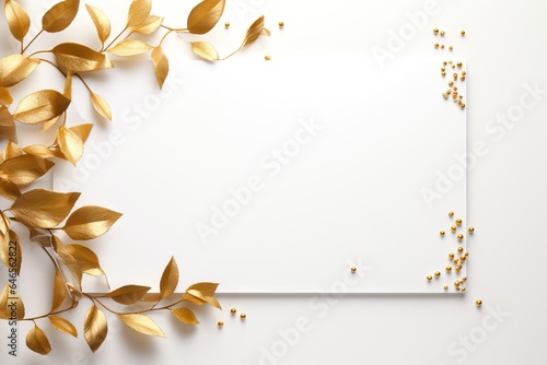 Festive composition with white paper blank and dried golden leaves on light beige background. Autumn, fall invitation concept. Thanksgiving mockup greeting card. Flat lay, top view with copy space