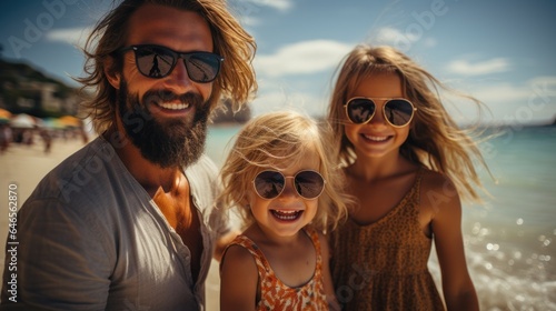 Family happily vacationing on the beach.