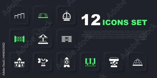 Set Attraction carousel, Playground climbing equipment, Sandbox with sand, Kid playground slide pipe, Education logic game, Swing plane, Monkey bar and Rocket ship toy icon. Vector