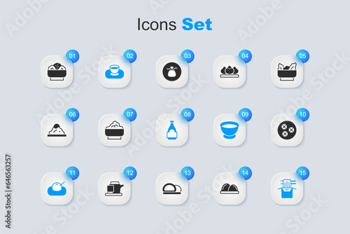 Set Sushi, Rice in a bowl, Soy sauce, Mochi, Asian noodles paper box, Wonton, Chow mein plate and bottle icon. Vector