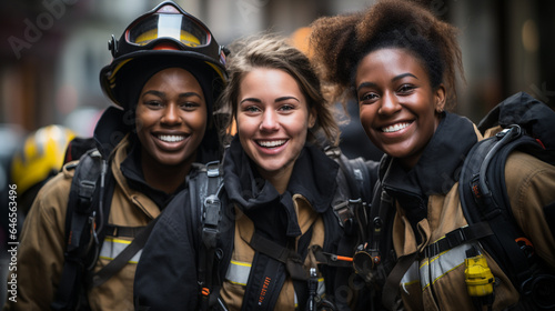 Female Multiethnic firefighters working in the field - generative AI.
