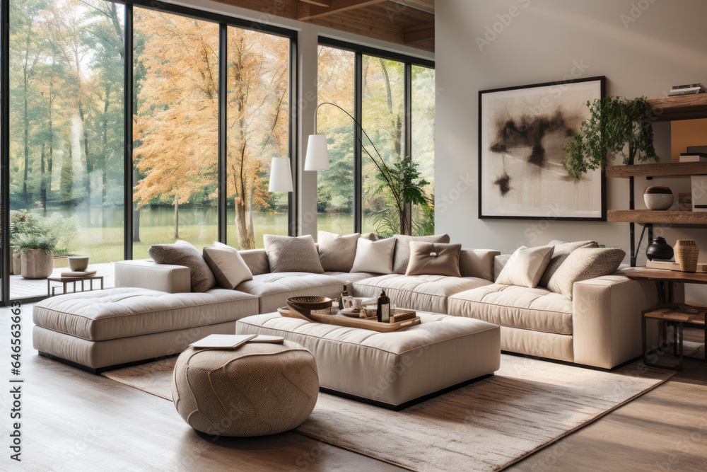 Modern living room interior with panoramic windows in luxury house Modern living room interior with panoramic windows in luxury house