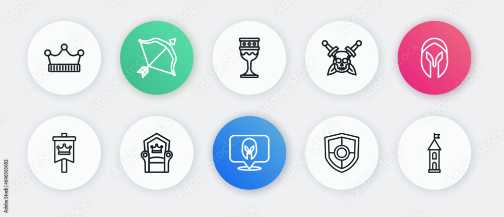 Set line Medieval helmet, flag, Shield, Skull with sword, goblet, Castle tower and throne icon. Vector Set line Medieval helmet, flag, Shield, Skull with sword, goblet, Castle tower and throne icon. Vector