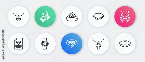 Set line Necklace, Earrings, Certificate of the diamond, Christian cross chain, Pearl necklace, King crown, Bracelet jewelry and Wrist watch icon. Vector