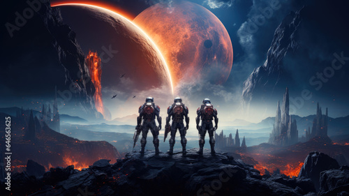Three astronauts on alien planet world stand on fantasy sky background
