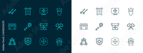 Set line King crown, Shield, Crusade, Mace with spikes, Medieval arrows and flag icon. Vector