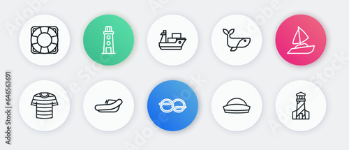 Set line Nautical rope knots, Yacht sailboat, Striped sailor t-shirt, Sailor hat, Whale, Cargo ship, Lighthouse and Inflatable with motor icon. Vector