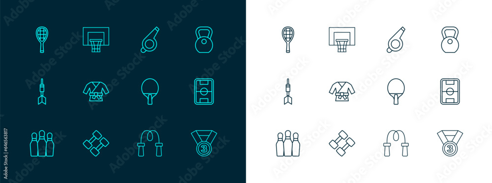 Set line Weight, Dumbbell, Racket, Jump rope, Kimono, Whistle, Tennis racket and Basketball backboard icon. Vector Set line Weight, Dumbbell, Racket, Jump rope, Kimono, Whistle, Tennis racket and Basketball backboard icon. Vector