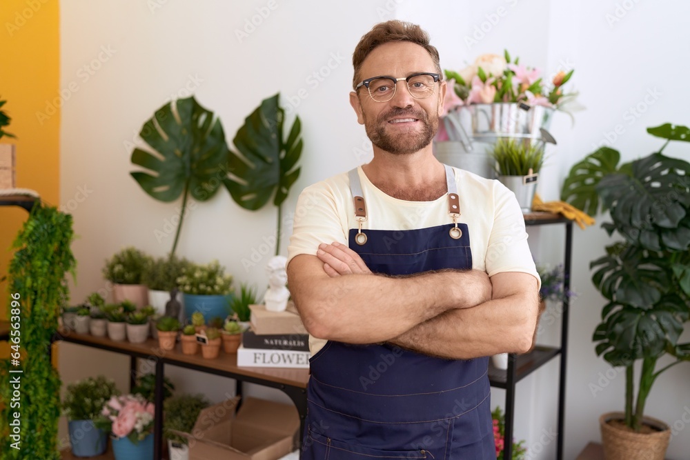 Middle age man florist smiling confident standing with arms crossed gesture at flower shop Middle age man florist smiling confident standing with arms crossed gesture at flower shop