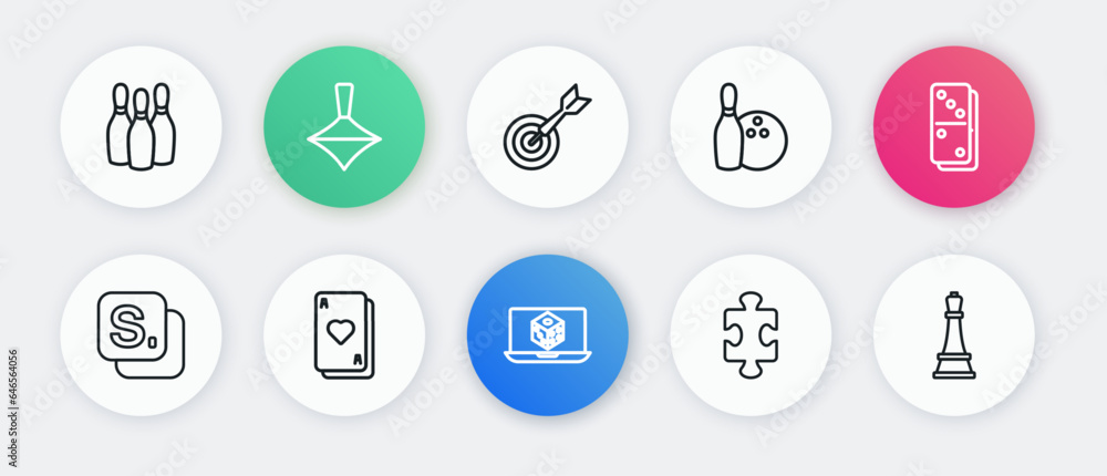 Set line Game dice, Domino, Bingo, Puzzle pieces toy, Bowling pin and ball, Classic dart board arrow, Chess and Playing cards icon. Vector Set line Game dice, Domino, Bingo, Puzzle pieces toy, Bowling pin and ball, Classic dart board arrow, Chess and Playing cards icon. Vector