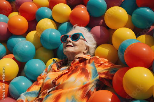 Heartwarming portrait of an elderly gray-haired woman. Wearing sunglasses, she lies comfortably in a pool filled with multicolored small balls, showcasing that joy and playfulness know no age. © Sascha