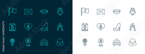 Set line Heart, 8 March, Woman shoe, Bedroom, with, Smiling lips, Feminist activist and Envelope icon. Vector