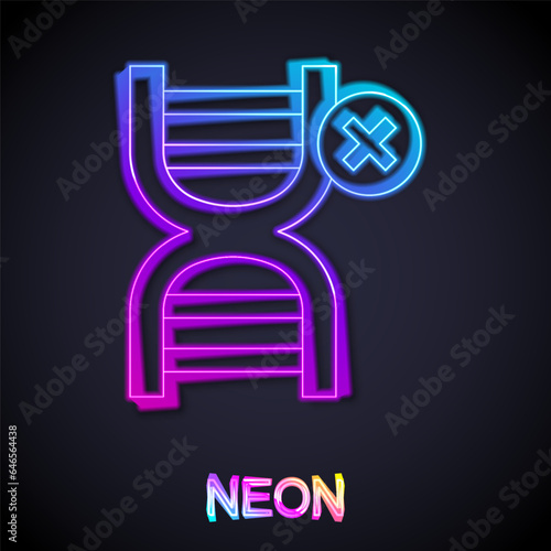 Glowing neon line No GMO icon isolated on black background. Genetically modified organism acronym. Dna food modification. Vector