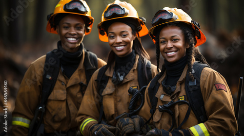 Female African American firefighters working in the field - generative AI.