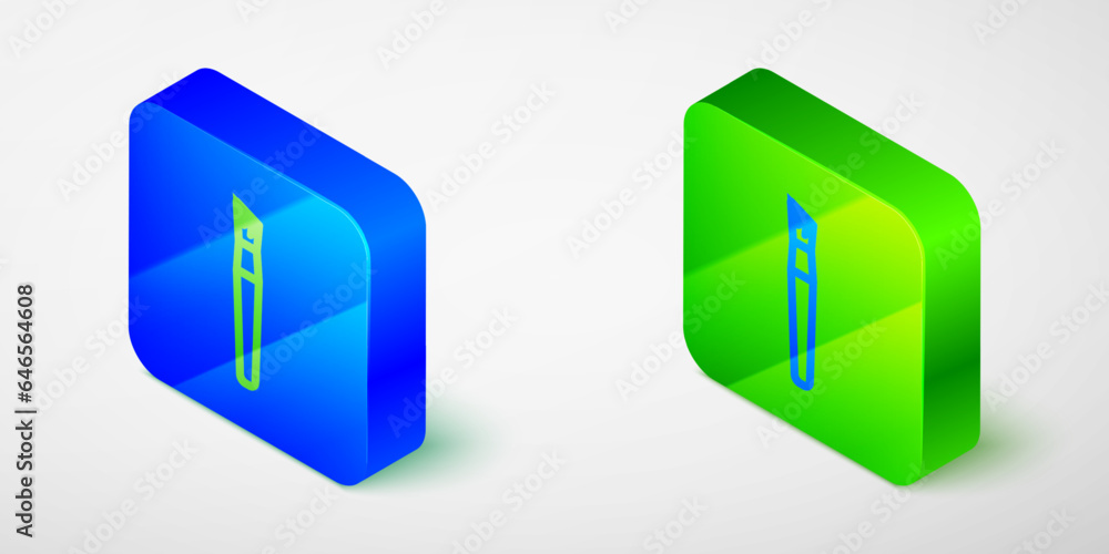 Isometric line Paint brush icon isolated on grey background. Blue and green square button. Vector Isometric line Paint brush icon isolated on grey background. Blue and green square button. Vector