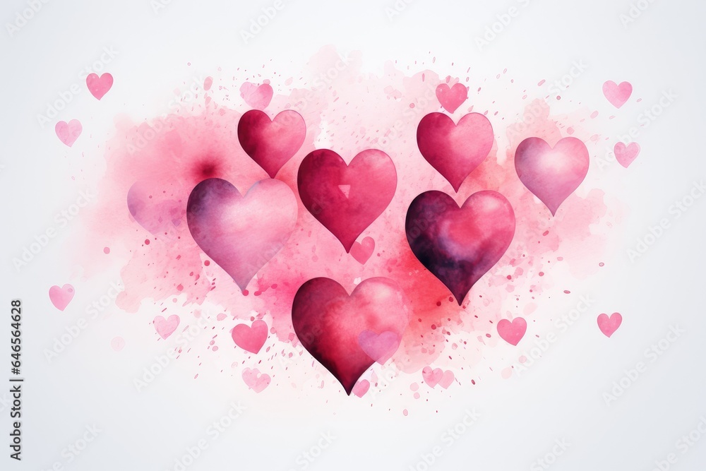 Watercolor pink hearts on a background of splashes, stains and drops of paint, Valentine's card