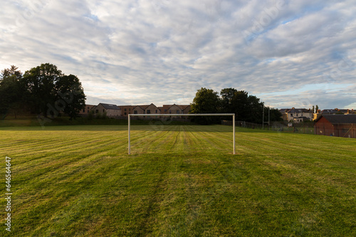 Soccer goal posts in a park in Britain, early on a Sunday morning in Autumn