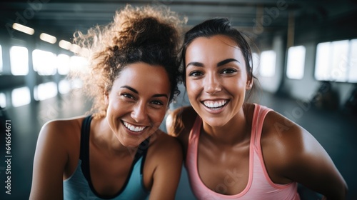 Female friends in fitness clothing happily enjoying taking selfie at a gym. Generation AI
