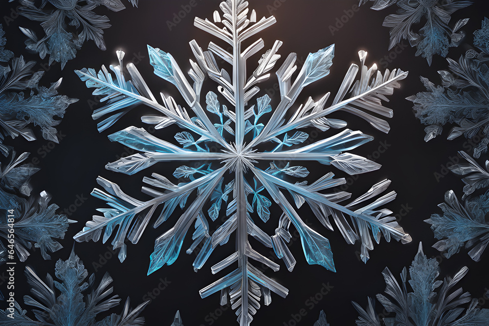 Macro Snowflake Photography: Intricate Crystal Structure on Dark Background with Frosty Texture Macro Snowflake Photography: Intricate Crystal Structure on Dark Background with Frosty Texture