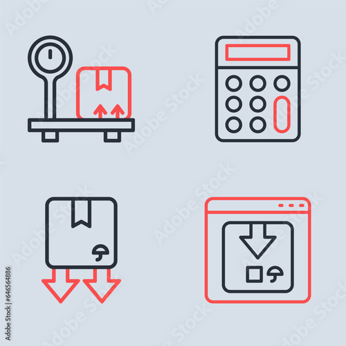 Set line Calculator, Cardboard box with traffic symbol, Online app delivery tracking and Scale cardboard icon. Vector