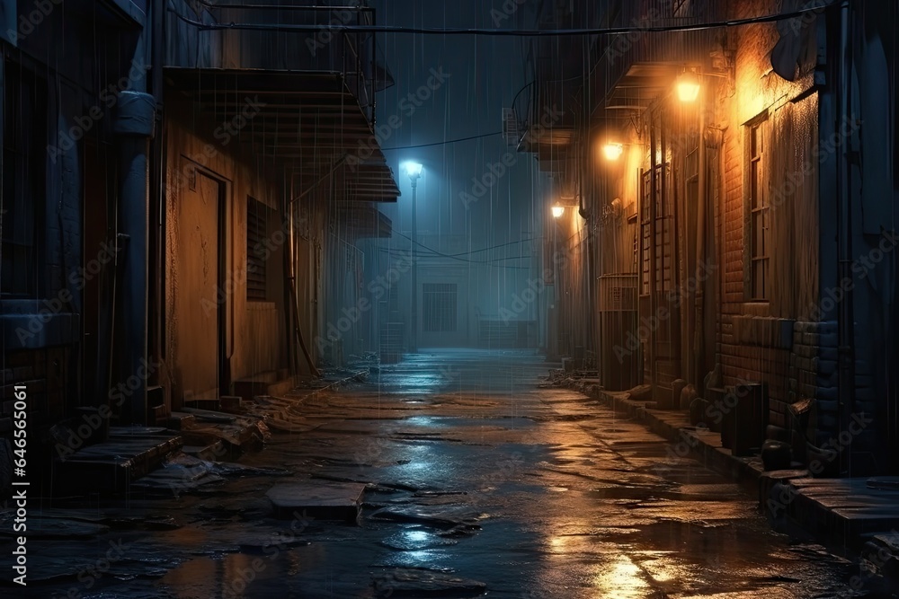 Fototapeta premium A dark alleyway at night with rain on the cobblestone street