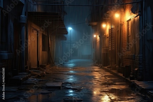 A dark alleyway at night with rain on the cobblestone street