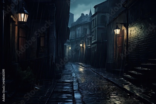 A dark alleyway at night with rain on the cobblestone street