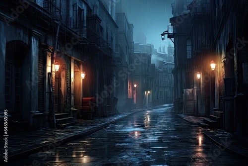 A dark alleyway at night with rain on the cobblestone street