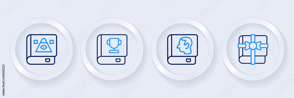 Set line Book as a gift, Law book, and Ancient magic icon. Vector Set line Book as a gift, Law book, and Ancient magic icon. Vector