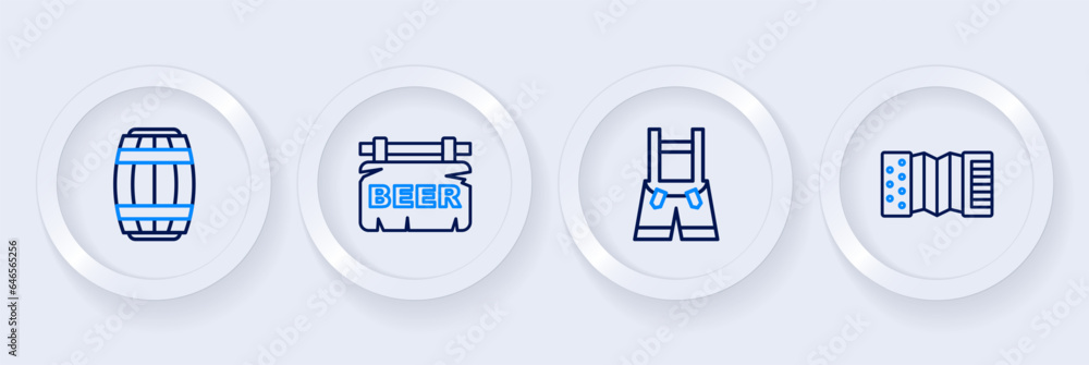 Set line Accordion, Lederhosen, Street signboard with Beer and Wooden barrel icon. Vector Set line Accordion, Lederhosen, Street signboard with Beer and Wooden barrel icon. Vector