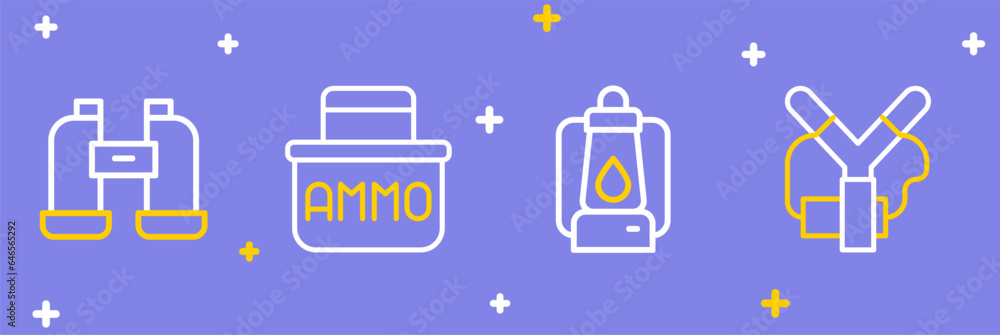 Set line Slingshot, Camping lantern, Ammunition box and Binoculars icon. Vector Set line Slingshot, Camping lantern, Ammunition box and Binoculars icon. Vector