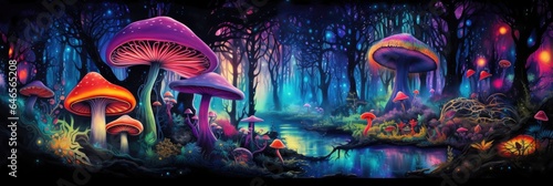 Colorful psychedlic mushroom forest photo