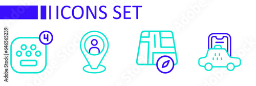 Set line Taxi mobile app, Location taxi car, client and icon. Vector