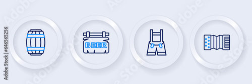 Set line Accordion, Lederhosen, Street signboard with Beer and Wooden barrel icon. Vector