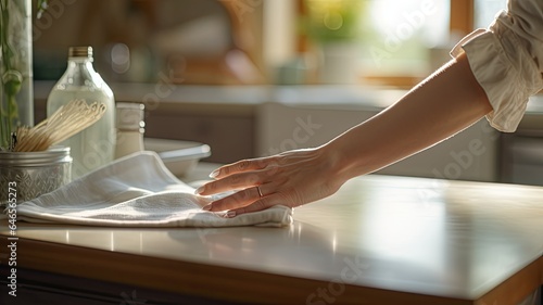a woman's hands engaged in the cleaning process, with the tabletop gleaming after being polished. The composition signifies the importance of cleanliness in a home environment.