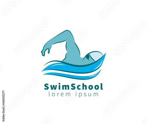 Swim School Swimmer Athlete on Sea Ocean Water Wave Logo design