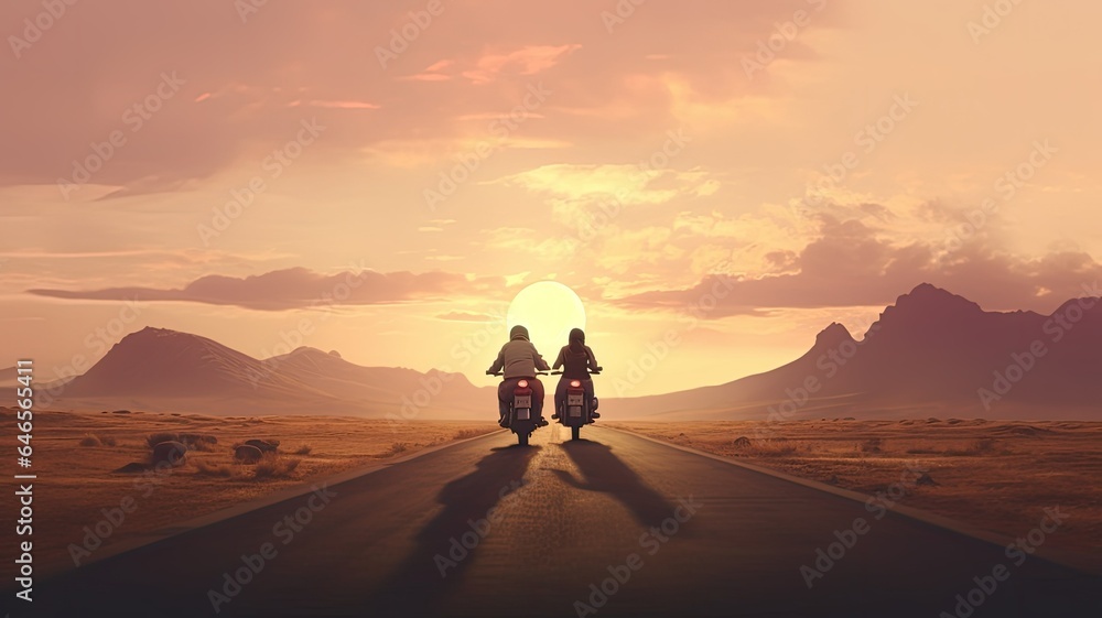 a young couple on motorbikes, riding side by side and enjoying a cruise trip. The minimalist style emphasizes the freedom and simplicity of the journey. a young couple on motorbikes, riding side by side and enjoying a cruise trip. The minimalist style emphasizes the freedom and simplicity of the journey.
